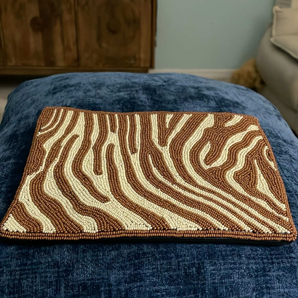 Ink + Alloy Thin Stripe Multi Color Seed Bead Clutch Bag brown and tan color nwt